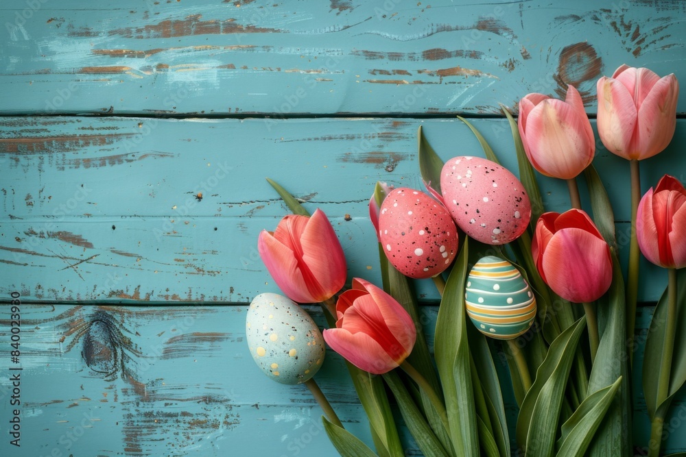 Canvas Prints pink tulips and eggs on blue table