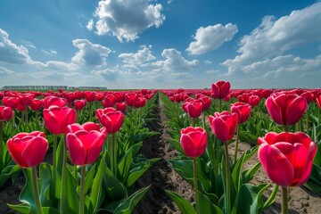 Fototapeta premium Field of red tulips under blue sky