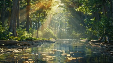 Obraz premium A forest with a sun shining on the water. The sun is reflected in the water, creating a beautiful and serene atmosphere