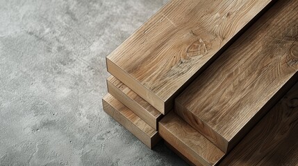 comercial, brand new wooden planks, stacked, archviz, concrete floor, studio light, top view, photorealistic 