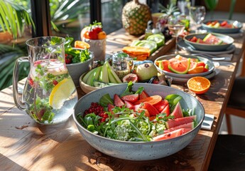 beautifully set dining table with a variety of healthy dishes, including a large salad bowl, a fruit platter, and a pitcher of infused water