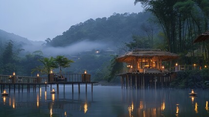 Fototapeta premium wide angle birdeye shot of a bamboo forest resort, stilt villa on the riverbank foreground, high bamboo nest room midlleground, hilly foggy background at dusk, lanterns throughout the bamboo resort 