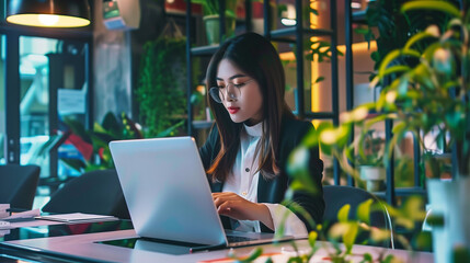 A young businesswoman, focused and confident, reads reports on her laptop in an elegant office setting.

