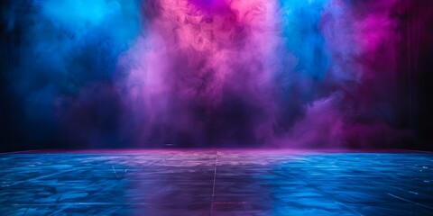 Empty dark stage with blue purple and pink background. Concept Theatrical Lighting, Stage Design, Dark Atmosphere, Colorful Backdrops, Visual Drama