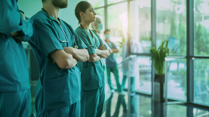 Obraz premium Illustration of medical professionals, arms crossed, standing together in a hospital environment, symbolizing teamwork and expertise in healthcare.