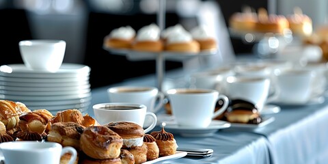 Coffee break at conference with assorted pastries and drinks on banquet table. Concept Coffee Break, Conference, Assorted Pastries, Drinks, Banquet Table