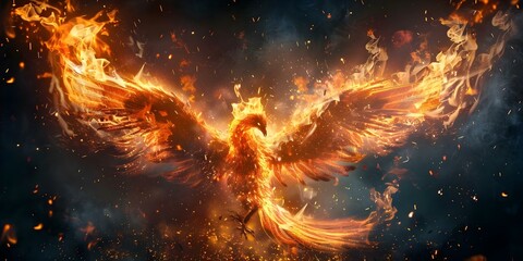 Phoenix in flames symbolizing rebirth with burning wings on dark background. Concept Phoenix Rebirth, Burning Wings, Dark Background, Symbolic Imagery, Mythical Creatures