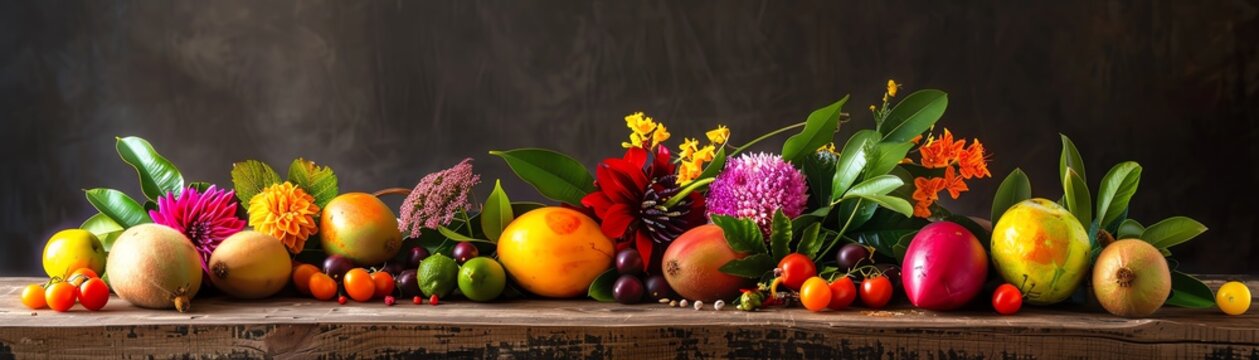 An assortment of tropical fruits like amra hog plum, karonda, and kokum, displayed on a wooden table with vibrant Indian flowers