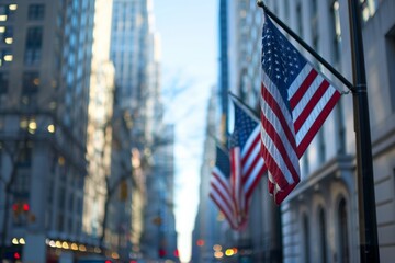 Multiple flags on pole in urban setting