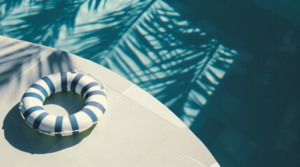 Striped lifebuoy and shimmering pool water, with palm shadows on stone deck, set a relaxing tone.

