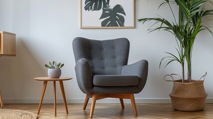 Grey armchair with plant and poster in the interior living room, next to wooden table