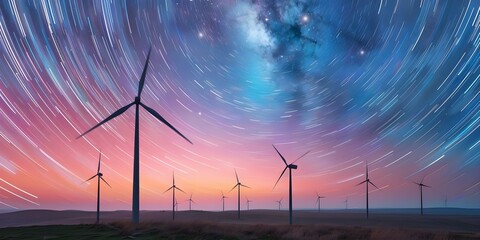 Large wind farm with modern turbines spinning under moonlit sky with star trails. Concept Wind Farm, Renewable Energy, Night Photography, Star Trails, Modern Turbines
