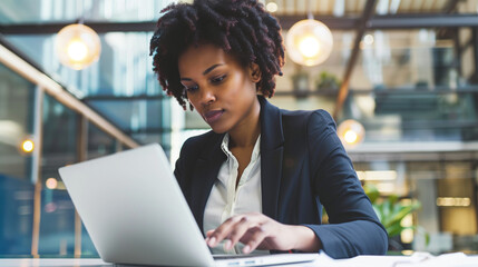 A professional young woman works on her laptop and reads reports in a sophisticated office setting, showcasing her focused demeanor.

