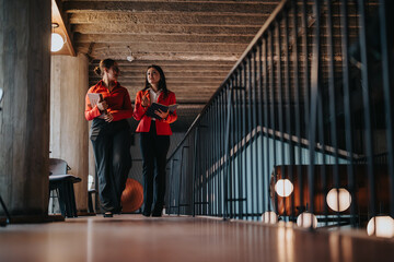 Two young business entrepreneurs in a modern office hallway, discussing ideas and holding notebooks. Collaborative and professional meeting in a contemporary workspace.