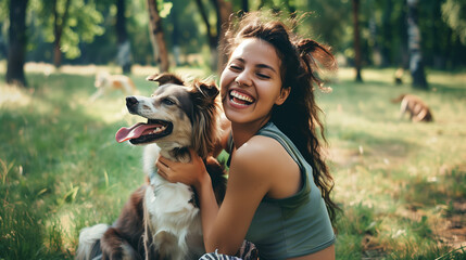 Woman and dog share happiness in a park, ideal for pet store marketing.


