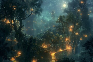 Obraz premium A network of suspended, glowing pathways weaving through a dense, otherworldly forest, with bioluminescent flora and a dark, moonlit sky 