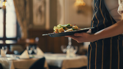 Fototapeta premium A uniformed waitress with gourmet food tray in a hotel dining room, showcasing service quality and ambiance.