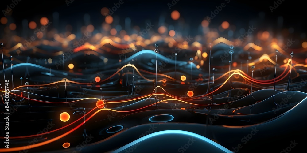 Poster abstract 3d visualization of sound data with lines dots and dna elements. concept audio visualizatio
