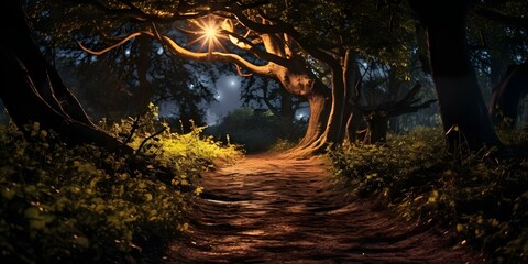 Moonlit path through a dark fairy tale forest. Concept Dark Fairy Tale, Moonlit Forest, Enchanted Path, Spooky Woods, Mystical Atmosphere