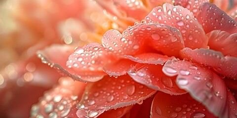 Closeup of coral peony petals with water drops on textured backdrop. Concept Closeup Photography, Coral Peony, Water Drops, Textured Backdrop