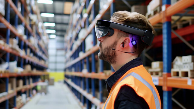 AR enhances warehouse management, displaying package arrivals on headsets worn by workers. Illustrates tech integration in industry.


