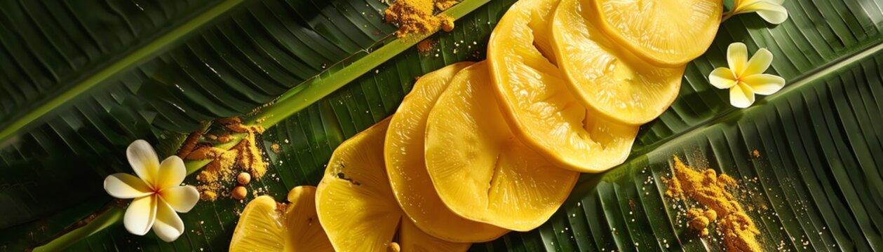 Bright yellow slices of marang fruit arranged on a leaf platter, with a few scattered flowers for an elegant touch