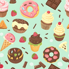 Colorful seamless pattern of various desserts including cupcakes, ice cream, donuts, and chocolate on a light green background.