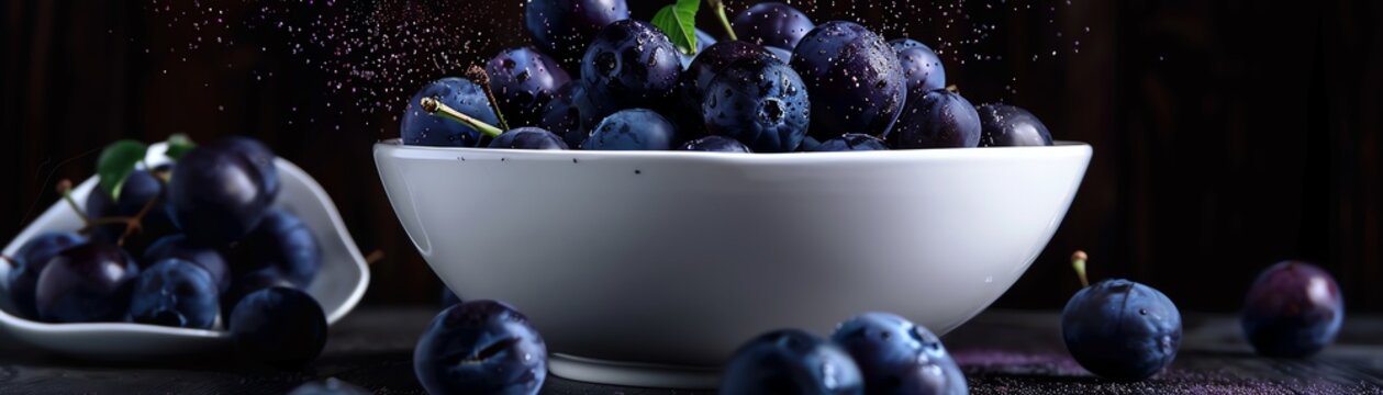 Deep purple jamblang fruits in a white ceramic bowl, with one fruit opened to show the juicy, dark interior, set against a dark background