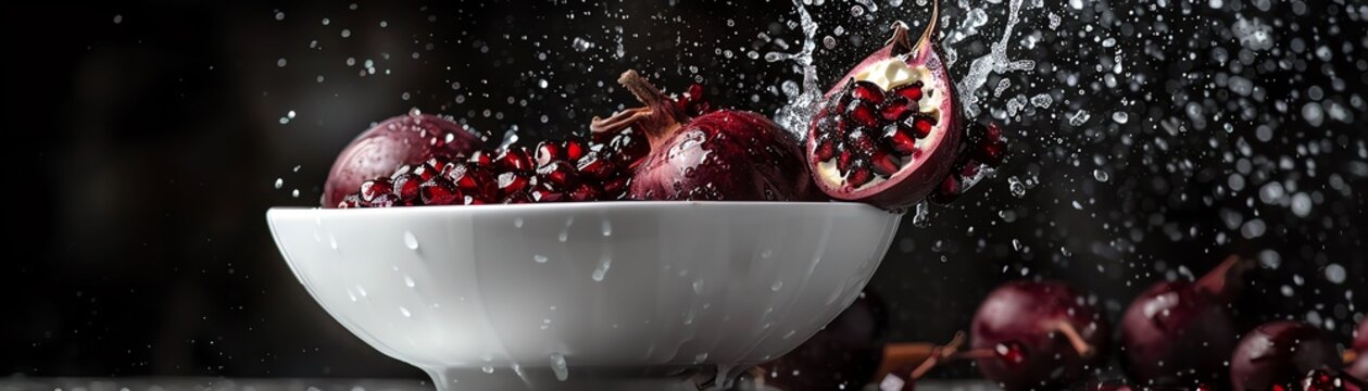 Deep purple jamblang fruits in a white ceramic bowl, with one fruit opened to show the juicy, dark interior, set against a dark background
