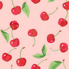 Seamless pattern of red cherries and green leaves on a pink background, perfect for summer designs and wallpapers.