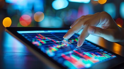 Fototapeta premium A person's hands interact with a tablet displaying financial graphs