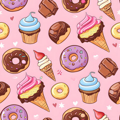 Seamless pattern with various sweet treats including cupcakes, donuts, ice cream and chocolates on a pink background.