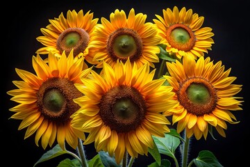 Fototapeta premium Botanical Artistry: The Striking Presence of Sunflowers on Black for Enhanced Floral Photography 