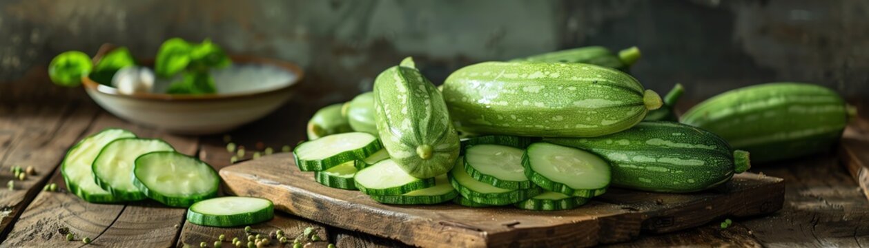 Freshly picked tindora ivy gourd, both whole and sliced, displayed on a wooden table with soft natural lighting