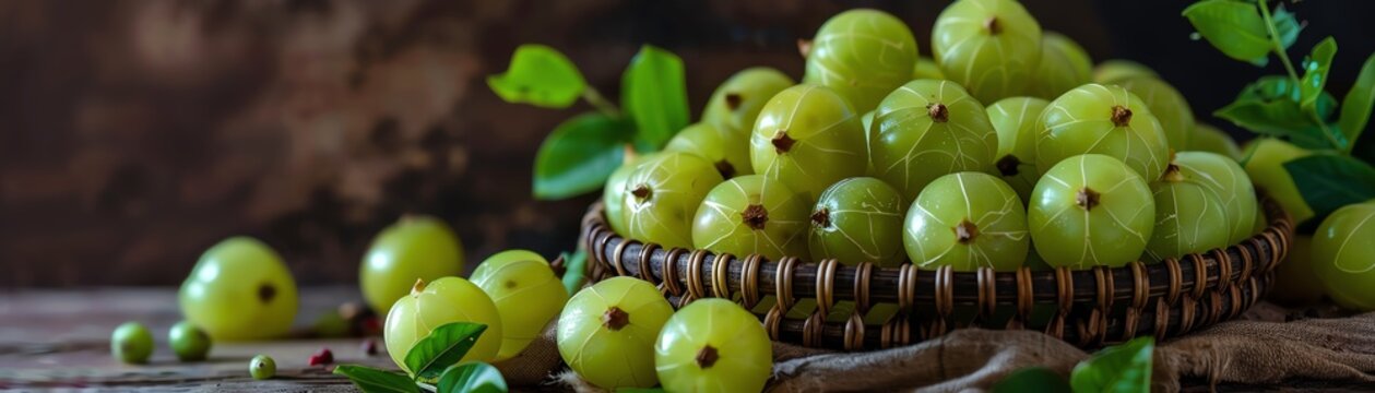 Juicy amla Indian gooseberry fruits with their translucent green skins, piled in a woven basket, with a few leaves scattered around for contrast