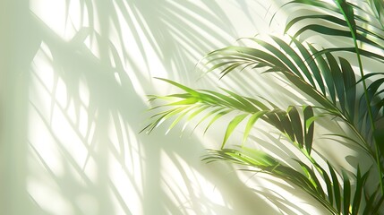 Fototapeta premium Minimalistic summer background with blurred palm leaf shadows on cream wall