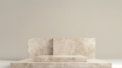 Beige stone slabs in 3D rendering serve as backdrop for product display, perfect for luxury goods advertising.

