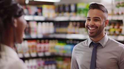 Fototapeta premium Male consultant in professional attire smiles at client, with out-of-focus shelves in background. Perfect for marketing campaigns focused on exceptional customer service.