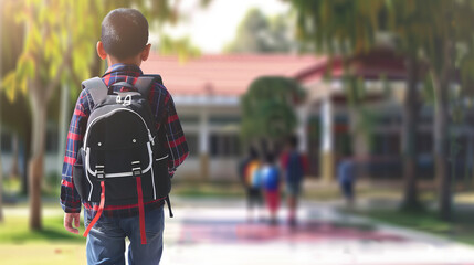 Joyful student in school uniform with backpack, heading to school, with blurred school yard and entrance in background. Ideal for advertising school uniforms or educational materials.

