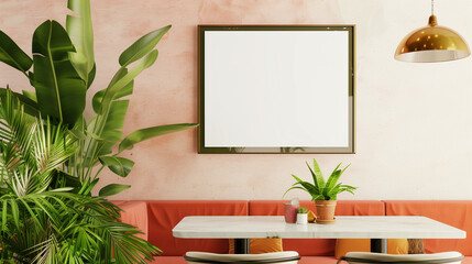 Sleek frame mockup presented on a pristine cafe wall, serving as an excellent advertisement for minimalist prints or design services.