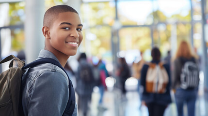Cheerful student in school uniform and backpack, heading to school, with blurred school yard and entrance in background. Suitable for advertising school uniforms or educational materials.

