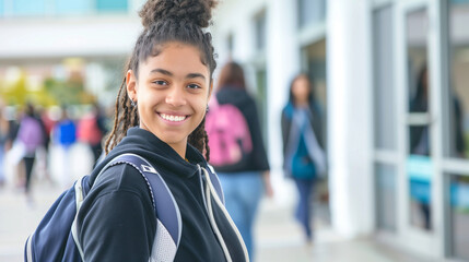 Smiling student with backpack in school uniform, heading to school, against a blurred background of the school yard and entrance. Perfect for advertising school uniforms or educational materials.