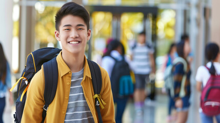 Smiling student with backpack in school uniform, heading to school, against a blurred background of the school yard and entrance. Perfect for advertising school uniforms or educational materials.