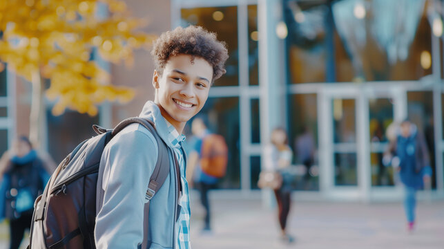 Joyful student in school uniform and backpack, walking to school, with a blurred school entrance and students in the background. Ideal for promoting school supplies or educational services.