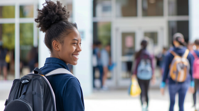 Smiling student with backpack in school uniform, heading to school, against a blurred background of the school yard and entrance. Perfect for advertising school uniforms or educational materials.