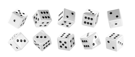 White dice isolated 3d render icons set. Realistic casino game cubes, poker, backgammon or craps. Lucky die roll with dot number, random rolling square luck choice, gambling concept. 3D illustration