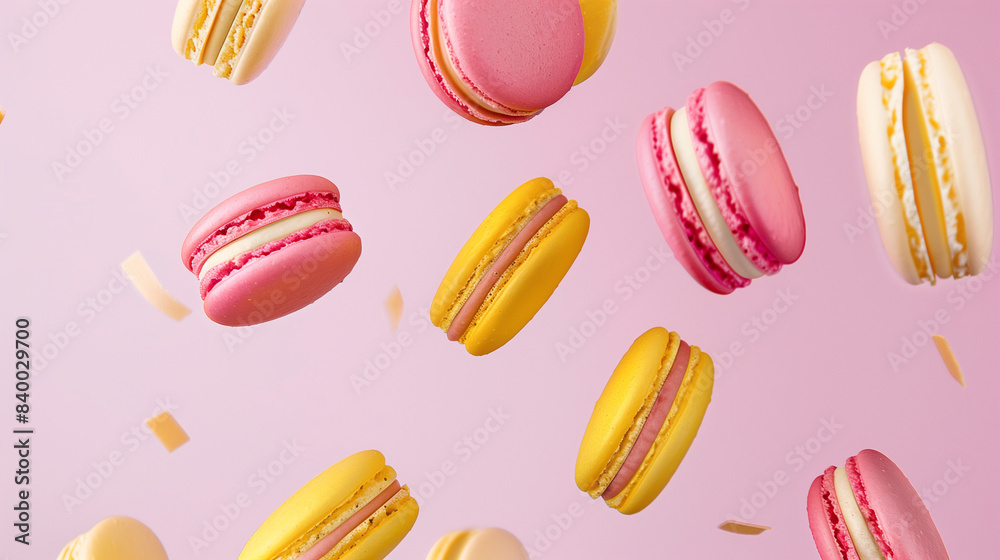 Wall mural Bright pink and yellow sweet pasta desserts float in studio air. Perfect for sweet ads. - Wall murals