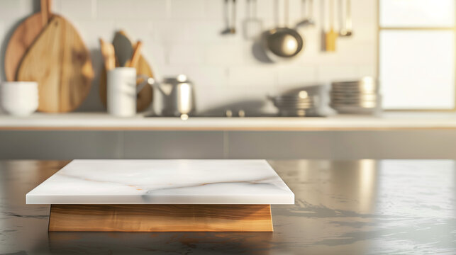 Marble podium on wooden base with dedicated logo area and blurred kitchenware behind. Great for text and advertising.

