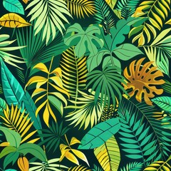 Seamless pattern of tropical palm leaves and jungle foliage in vibrant greens, Generative AI