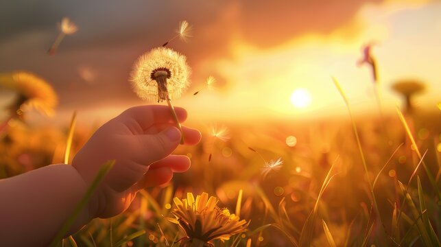 A close-up photorealistic image of a child's hand clutching a dandelion, its seeds being carried away by the gentle breeze as the sun dips below the horizon.